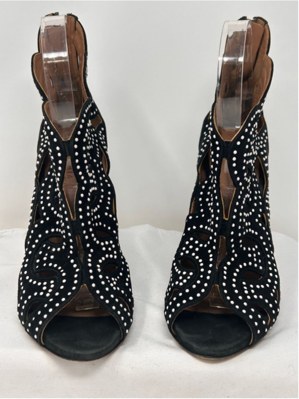 Alaïa Black Suede Laser Cut Studded Open Toe Bootie Heels 37 - Picture 2 of 9